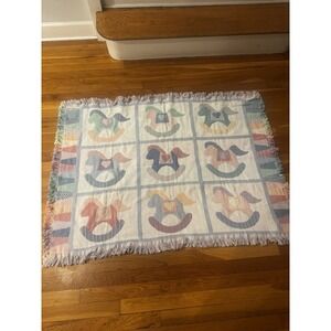 Vintage Red Calliope Patchwork Rocking Horse Nursery Baby Throw Fringe Blanket